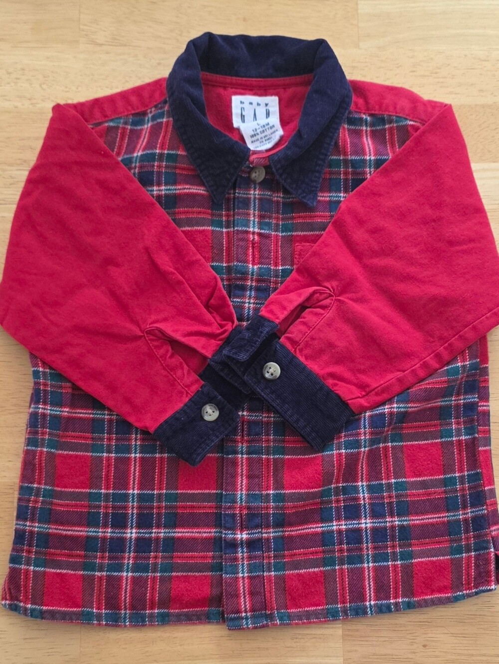 Vintage Baby Gap Plaid Flannel Colorblock Corduroy Collar Shirt 12-18M